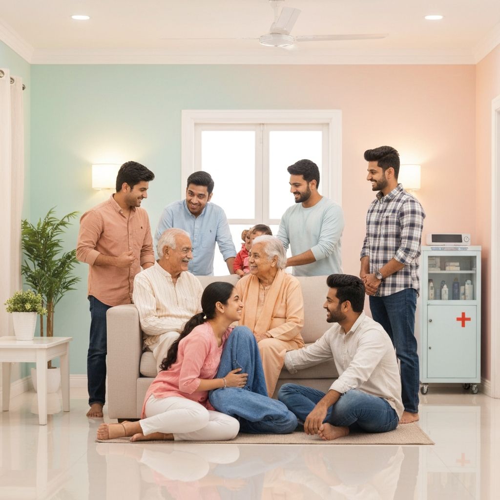 Indian family with elderly parents receiving medical care